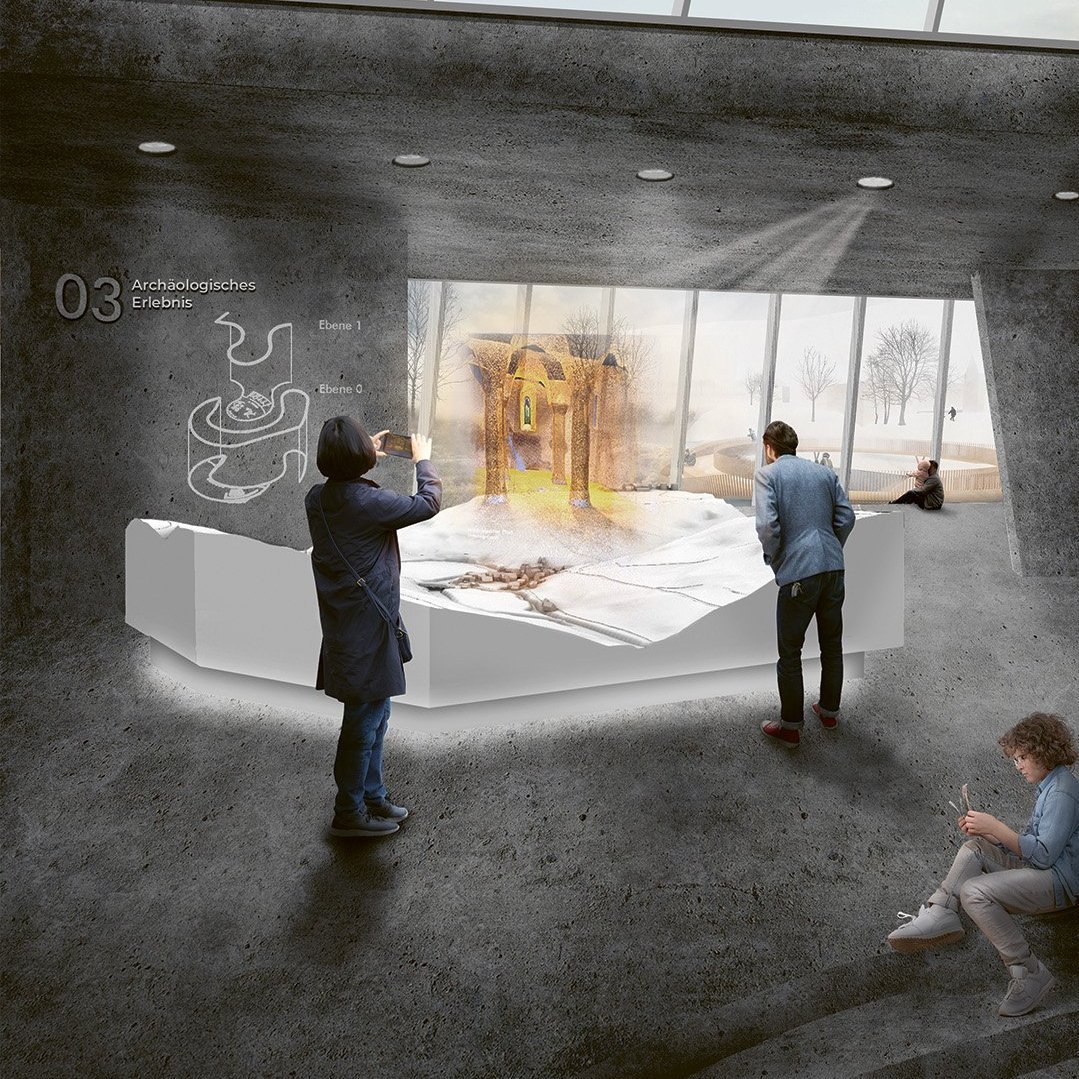 FbA Illustration eines Museumsbesuch, eine Person fotografiert ein Exponat