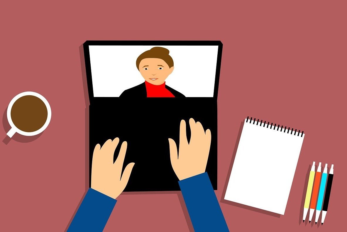 Illustration ein aufgeklapptes Laptop steht auf einen Tisch, es läuft eine Online Session