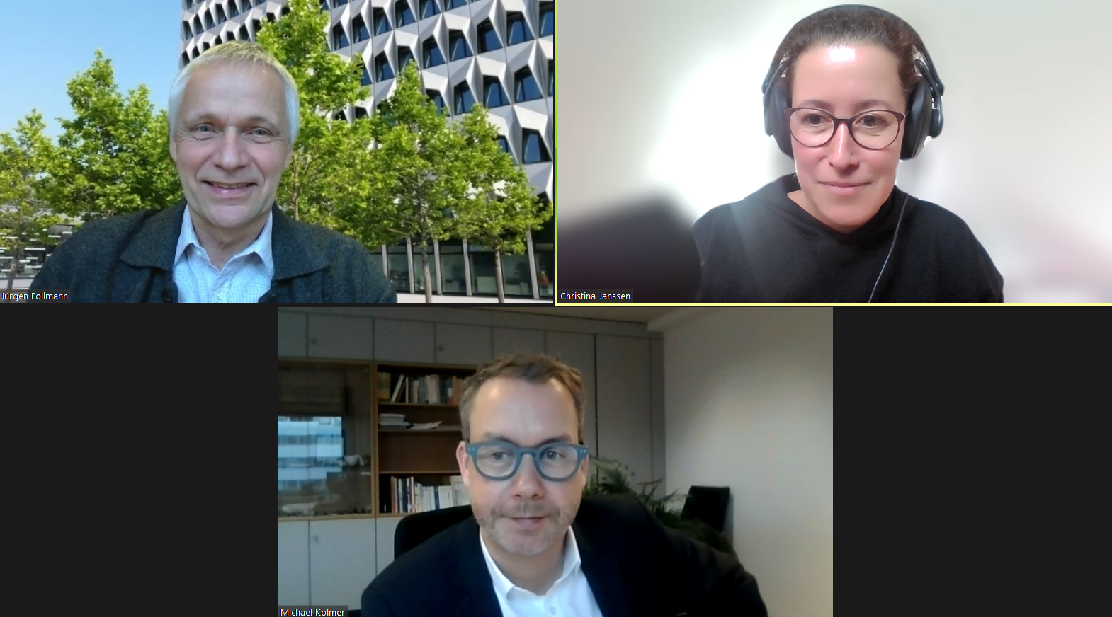 Screenshot der Aufnahmesession mit Jürgen Follmann, Christina Janssen und Michael Kolmer. 