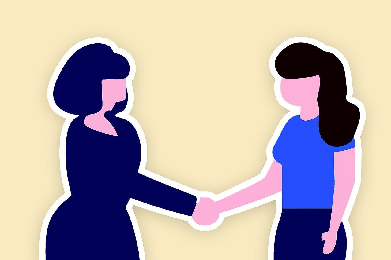 Illustration zwei Frauen reichen sich die Hände zur Begrüßung
