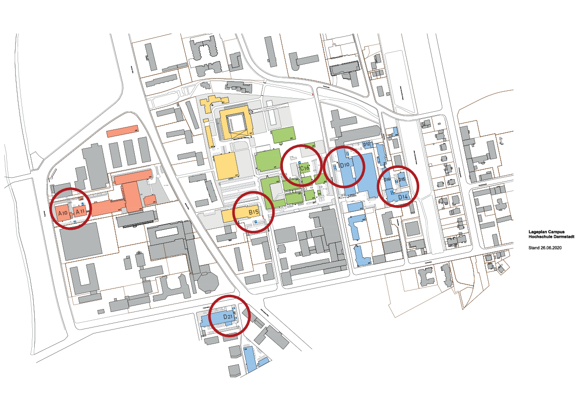 Lageplan der Hochschule Darmstadt – Campus Darmstadt mit allen vorhandenen Schwerbehindertenparkplätzen