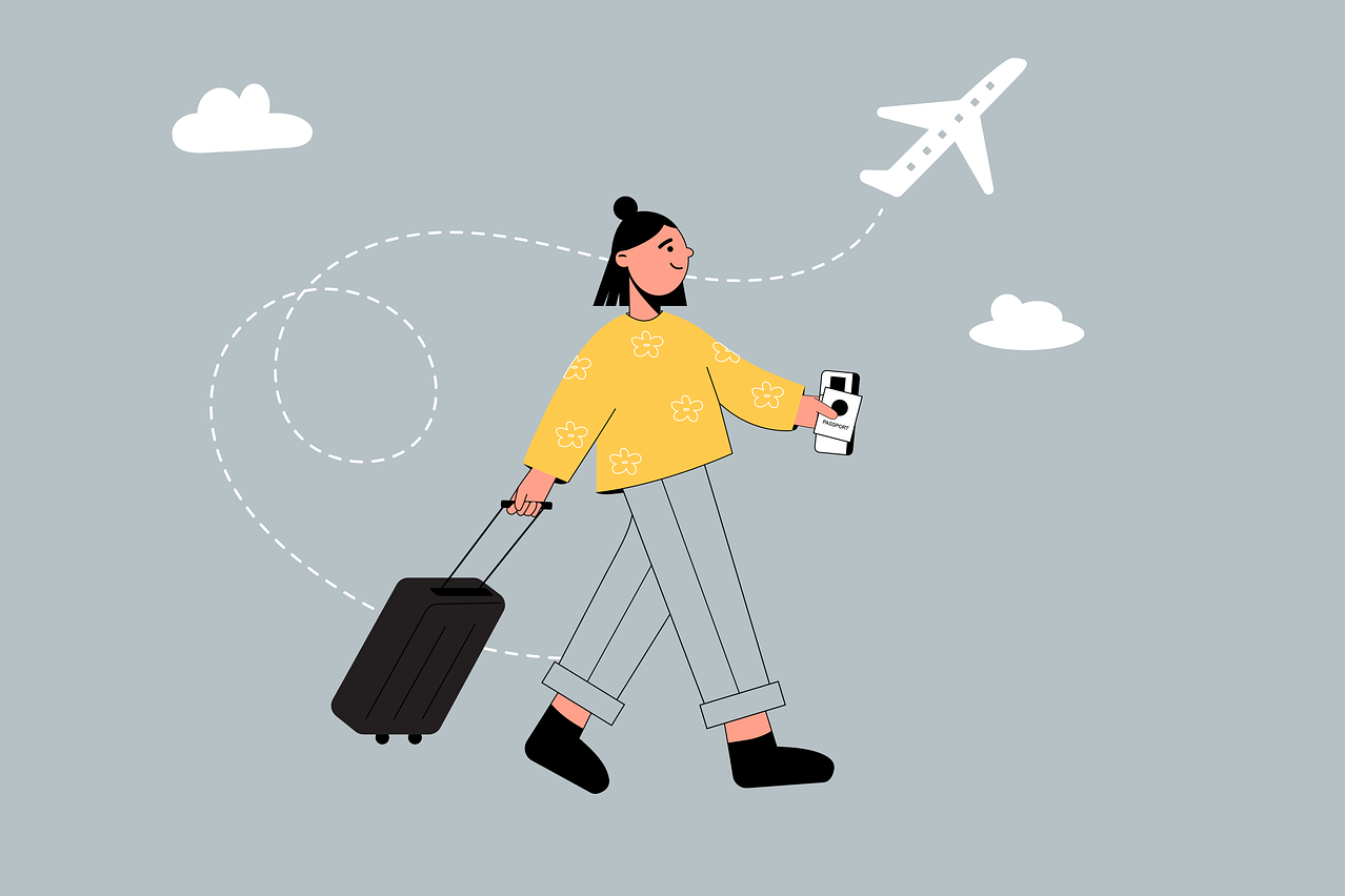 Illustration Frau mit gelben Pulli und Rollkoffer sowie Flugzeug im Hintergrund