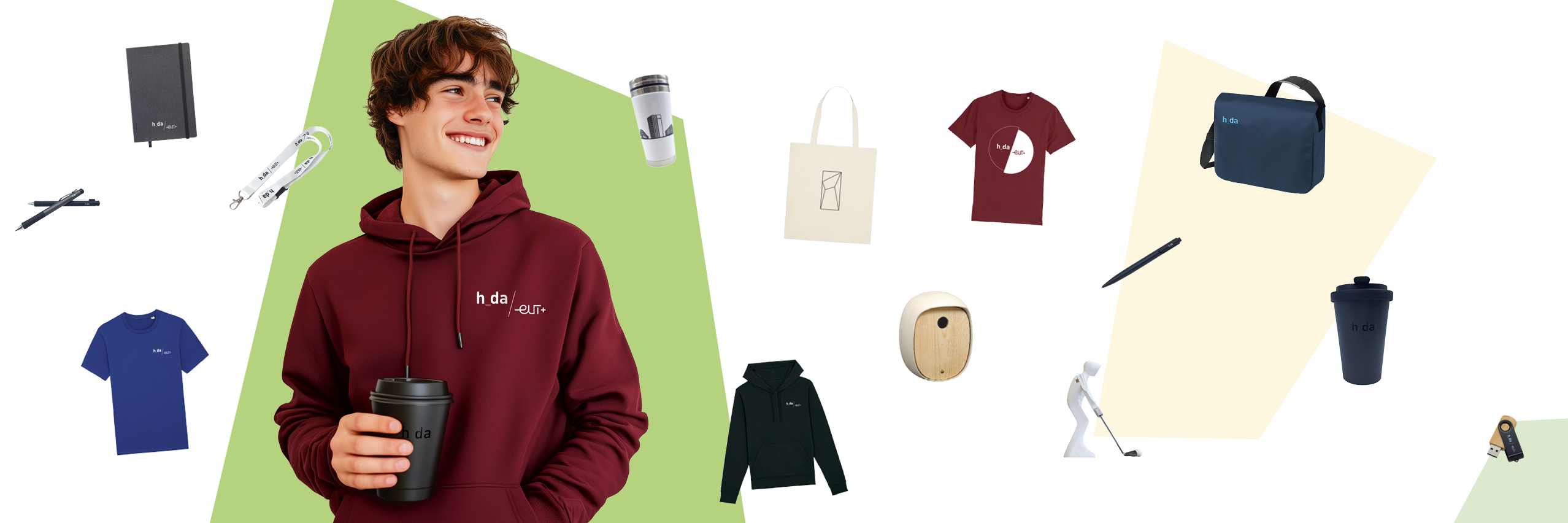 Ein Headerbild mit einem Studierenden, der einen h_da-Hoodie trägt. Außerdem mehrer Produkte aus dem h_da-Shop (T-Shirt, Tasse, Taschen, USB-Stick, usw.)