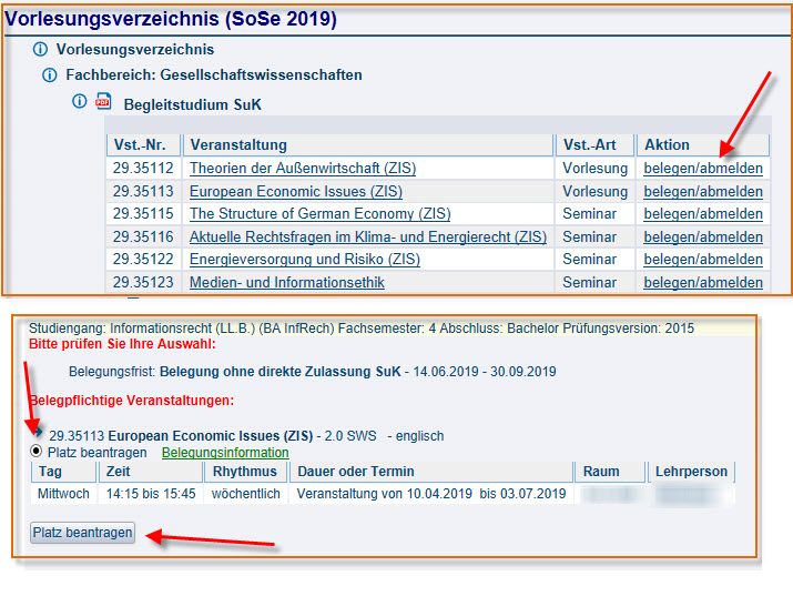 Screenshot Vorlesungsverzeichnis