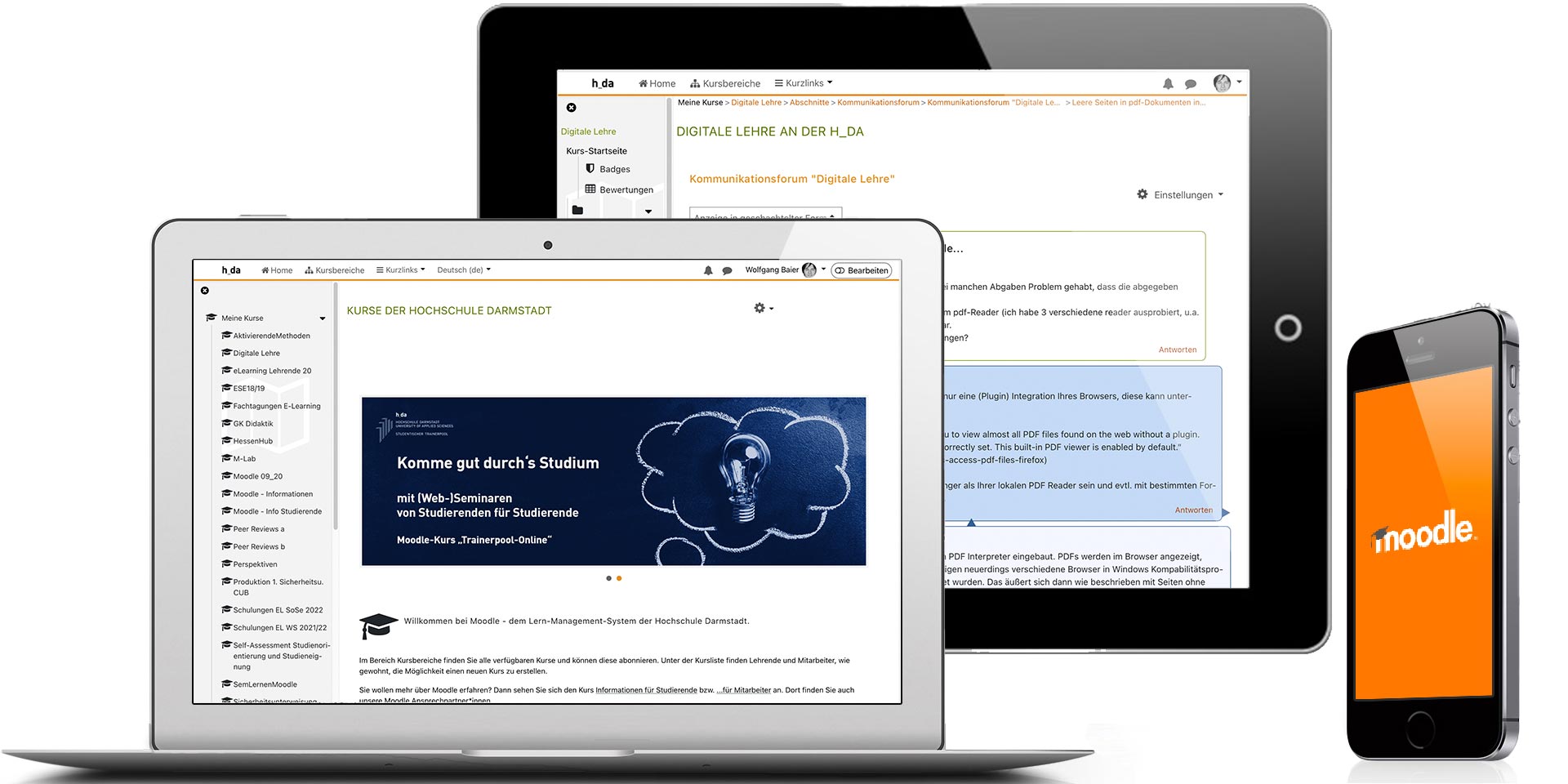 Moodle auf verschiedenen Endgeräten: Smartphone, Tablet, Laptop